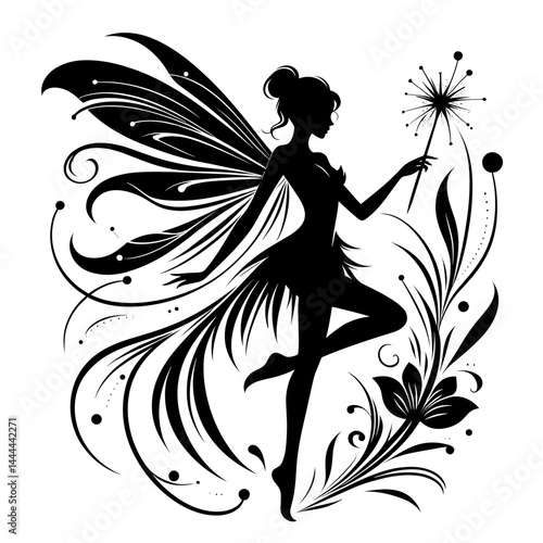 Fairy silhouette dancing with flowers against a whimsical background  