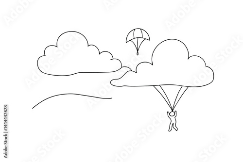 Skydiver parachuting through clouds outline vector illustration simple drawing style