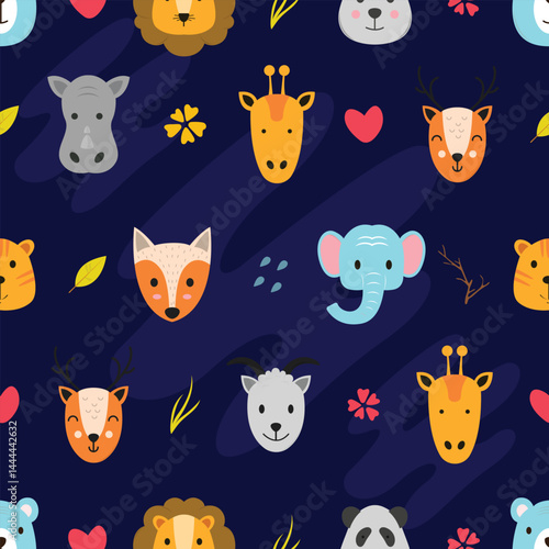Seamless vector pattern featuring a diverse collection of animals including wild, farm, exotic species. Modern style perfect for children’s products, wallpapers, textiles, packaging, educational