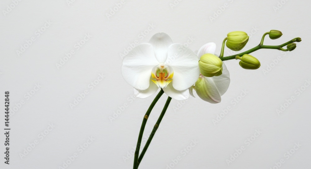 Obraz premium A close up shot of a white orchid with green buds against a plain white background in soft lighting
