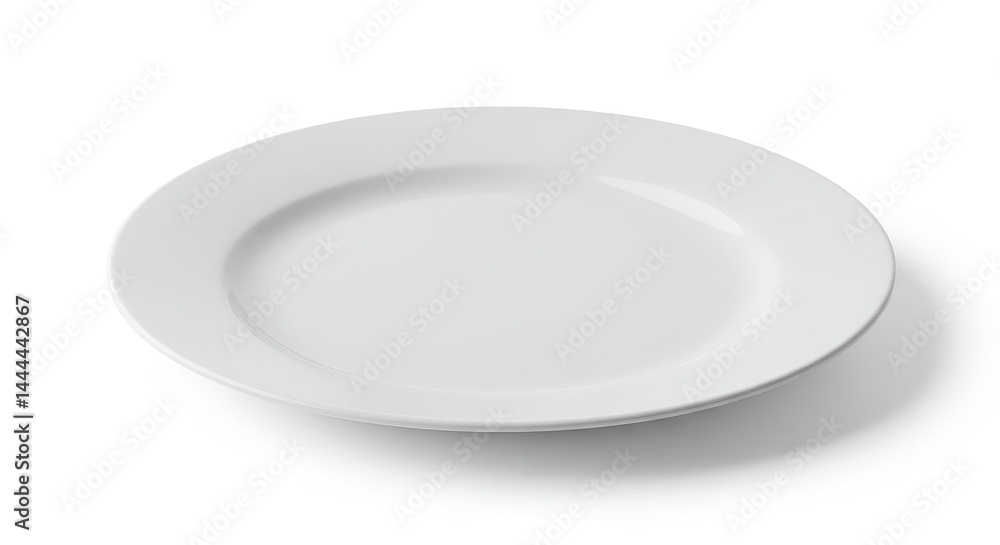 A simple white ceramic plate with a slightly raised edge isolated on a white background plain and clean A simple white ceramic plate with a slightly raised edge isolated on a white background plain and clean