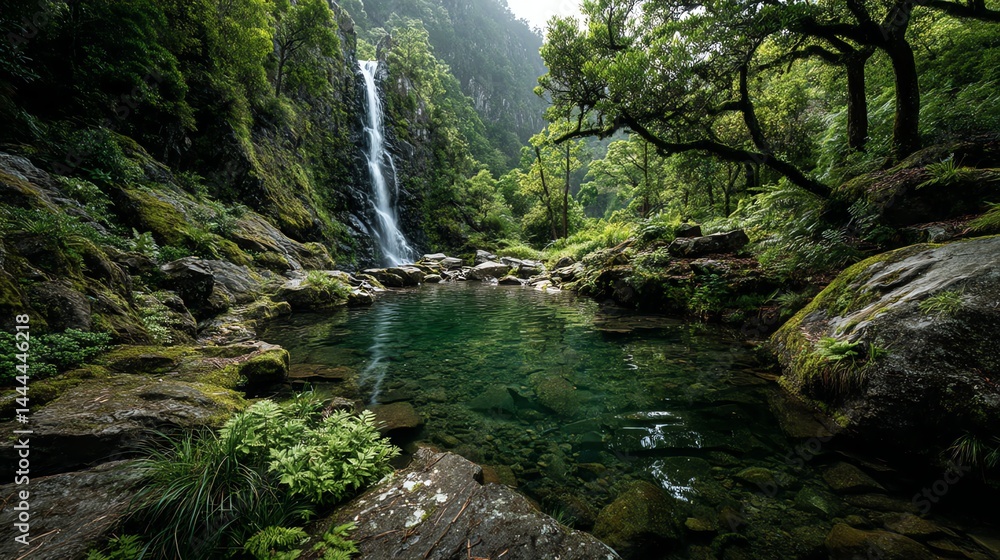 Majestic Waterfall Flows Into Clear Pool Surrounded by Lush Green Forest Majestic Waterfall Flows Into Clear Pool Surrounded by Lush Green Forest