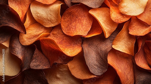 Closeup view of many autumnal colored potato chips fall food life rich warm brown snack still orange