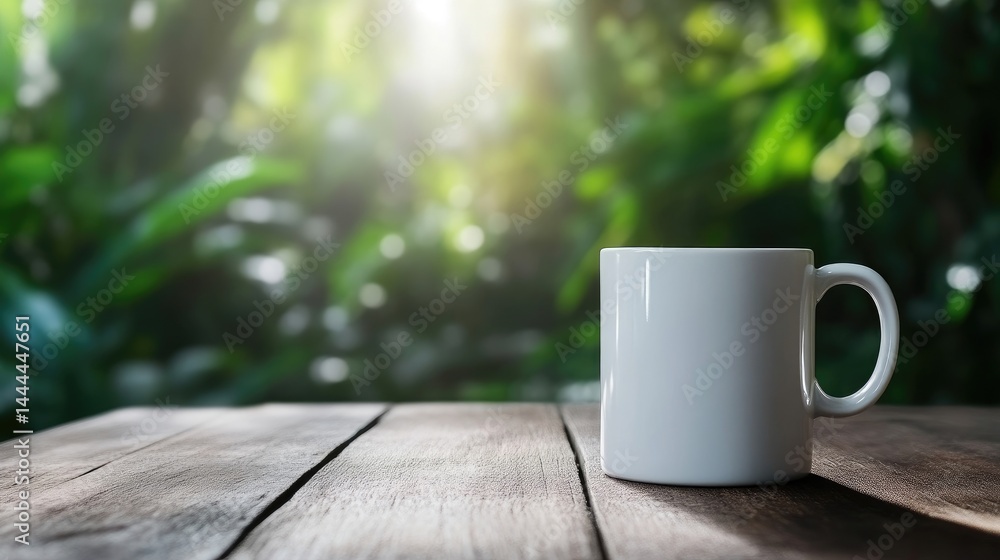 Empty white mug on wooden table, nature background Empty white mug on wooden table, nature background
