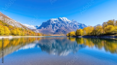 Mountain Lake Autumn Trees Vibrant Landscape High-definition Vivid Colors Wide Landscape View Calm Peaceful Reflection Serene Nature Ideal for Travel Brochures