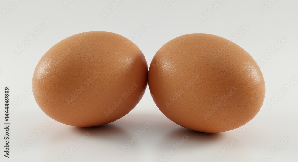 Two brown eggs sitting side by side on a plain white surface in a well lit studio setting close up Two brown eggs sitting side by side on a plain white surface in a well lit studio setting close up