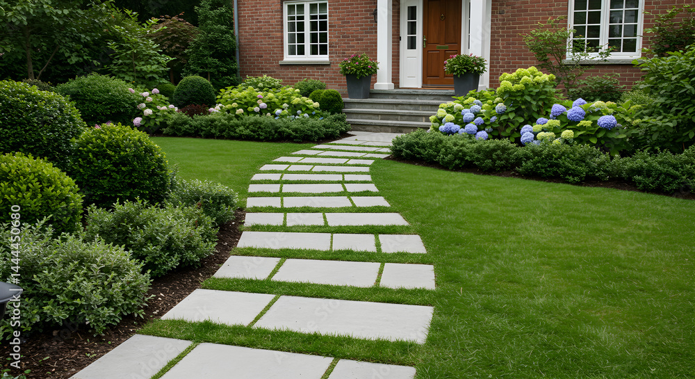 Obraz premium Serene Garden Path Leading To Brick Home With Lush Greenery And Hydrangeas