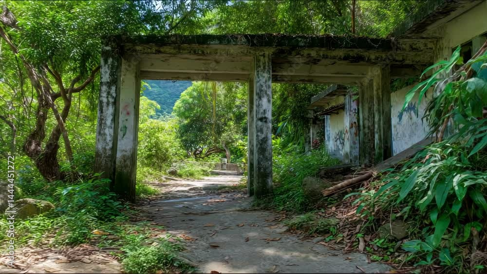 Concrete ruin entryway with pathway surrounded by lush tropical green vegetation and trees in a forest nature landscape, leading to distant hillside. Concrete ruin entryway with pathway surrounded by lush tropical green vegetation and trees in a forest nature landscape, leading to distant hillside.