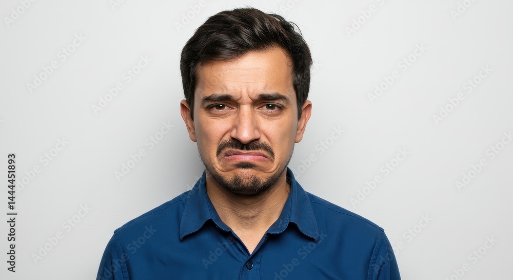 Man in blue shirt with disgusted expression against a plain white background looking at camera Man in blue shirt with disgusted expression against a plain white background looking at camera