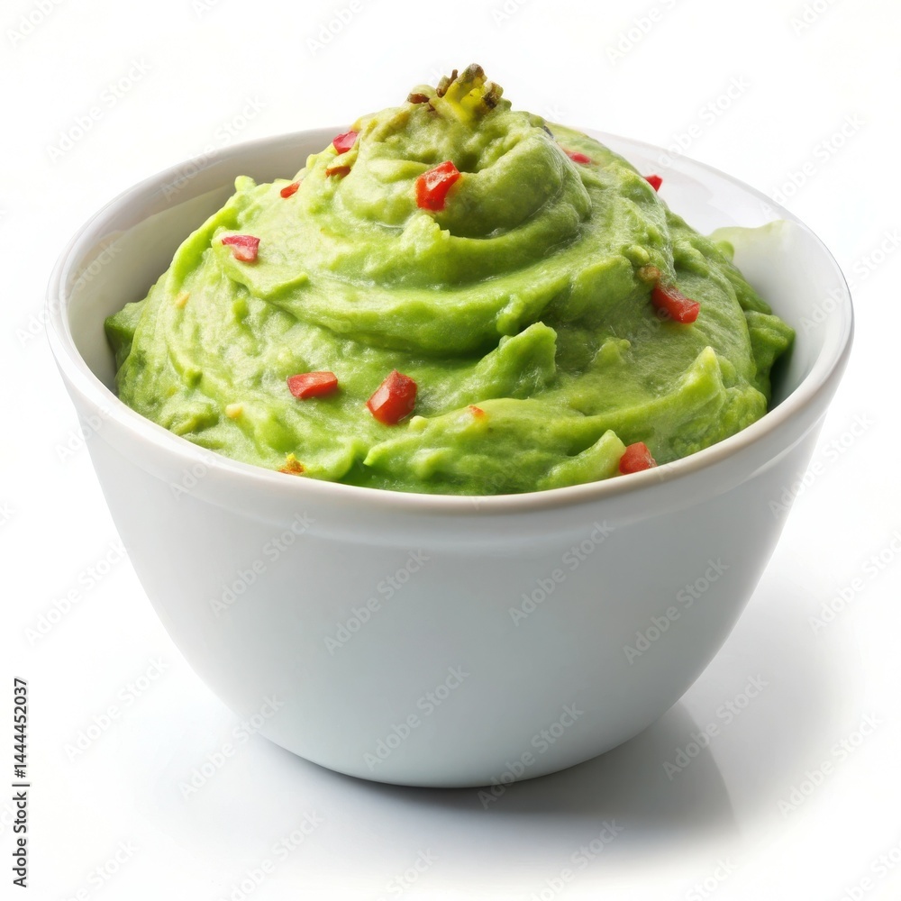 Bowl Of Guacamole With Red Pepper Pieces On A White Background Bowl Of Guacamole With Red Pepper Pieces On A White Background