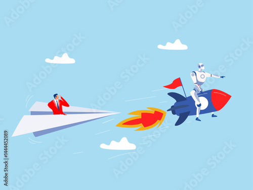 Artificial Intelligence robot right direction riding fast rocket to win against other origami airplane.Leadership to win business competition, winner or competitive advantage to success in work vector