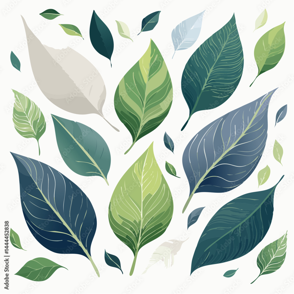Fototapeta premium Collection Of Green Blue And White Leaves Botanical Illustration