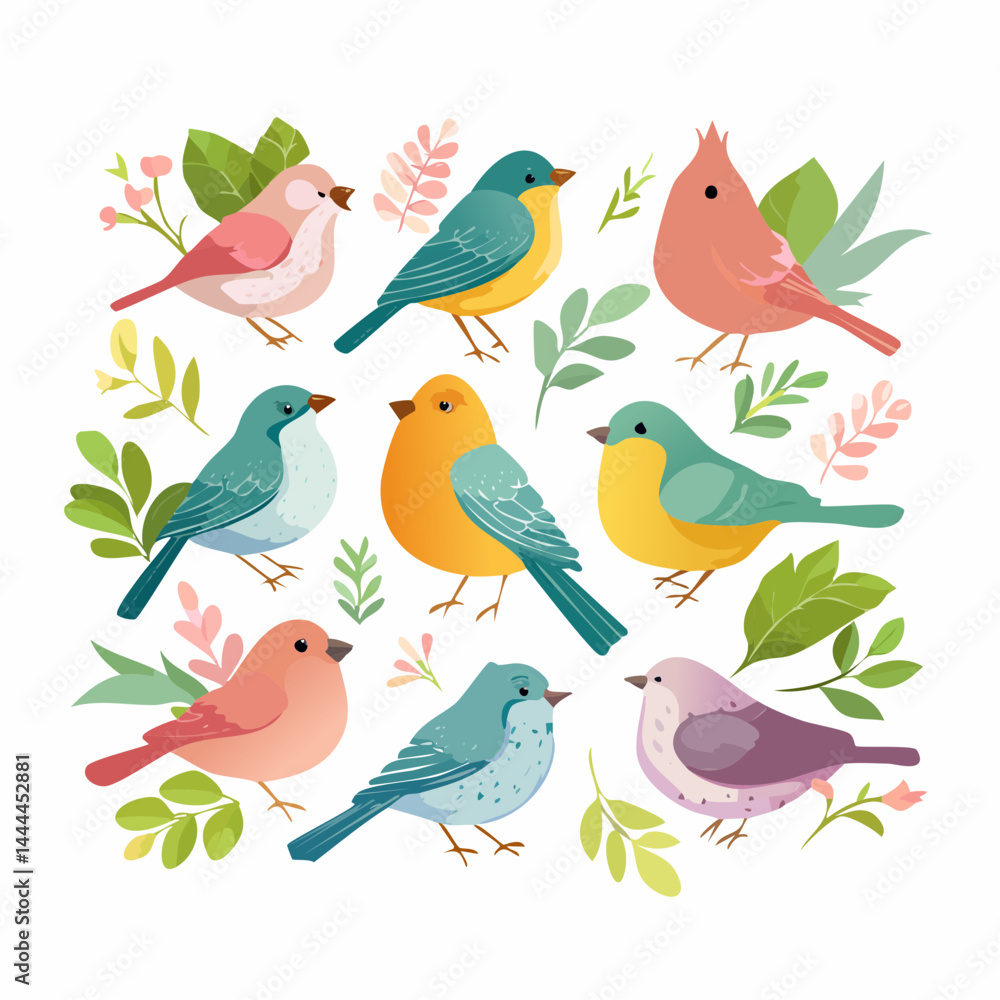 Obraz premium Colorful Bird and Floral Illustration Pastel Colors Cute Spring Theme
