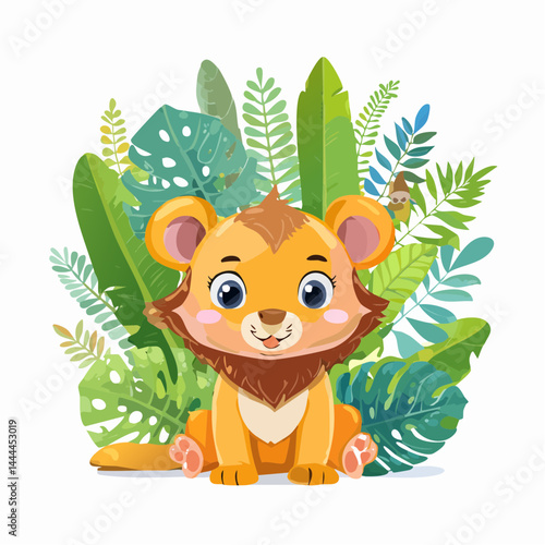 Cute Baby Lion Among Lush Green Plants