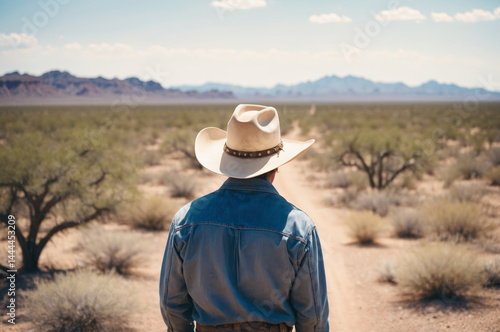 A lone cowboy in a hat walks through the vast desert landscape under a clear sky.