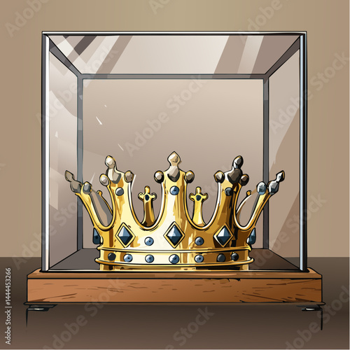 Golden Crown With Blue Gems In Glass Display Case