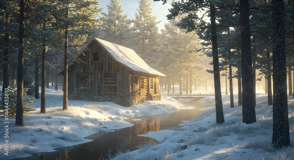Winter Cabin Scene By River Surrounded By Snowy Trees At Sunrise Winter Cabin Scene By River Surrounded By Snowy Trees At Sunrise