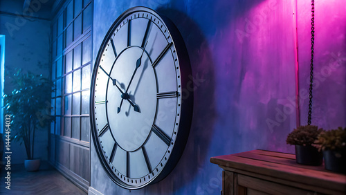 Wallpaper Mural A large outdoor clock tower illuminated in vibrant purple and blue light Torontodigital.ca