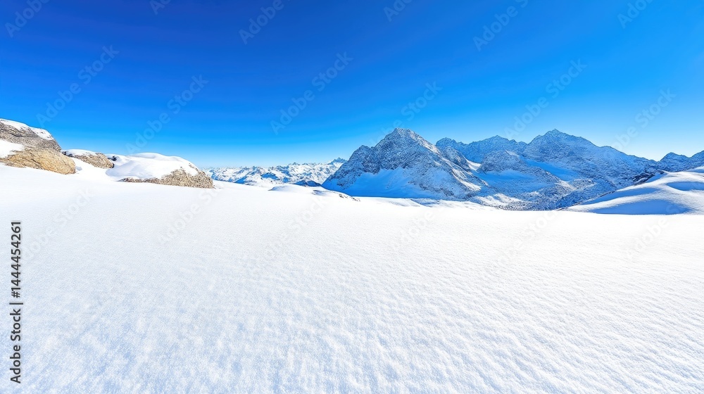Obraz premium Snow-covered mountain peaks rise above a vast white glacier under a clear blue sky.