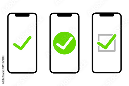 画面にチェックマークが表示されているスマートフォン　セット
