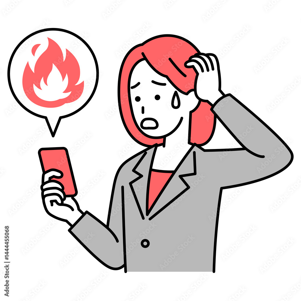 SNSが炎上して困惑しているスーツの女性(スマートフォン) SNSが炎上して困惑しているスーツの女性(スマートフォン)