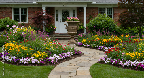 Beautiful Home Entrance With Colorful Flower Garden And Stone Walkway