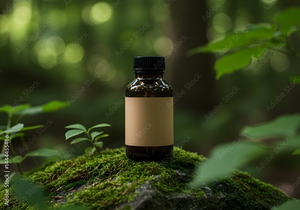 Bottle on moss in a forest setting, eco-friendly product branding display Bottle on moss in a forest setting, eco-friendly product branding display