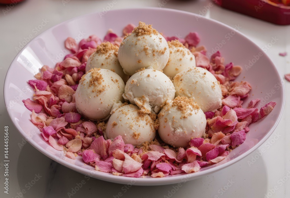 Coconut Pudding Balls with Rose Petals on White Background Coconut Pudding Balls with Rose Petals on White Background