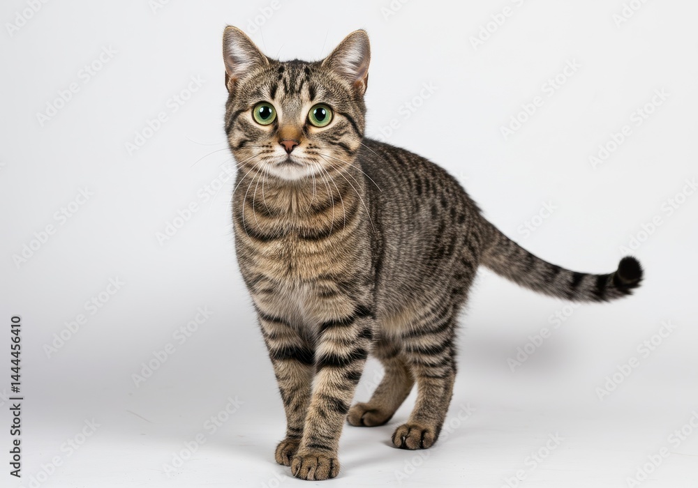 A tabby cat with green eyes stands on a white background looking at the camera intently and curiously A tabby cat with green eyes stands on a white background looking at the camera intently and curiously