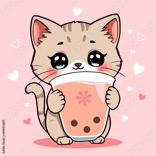 Adorable Tabby Kitten Cuddles Giant Bubble Tea Cup, Pink Background