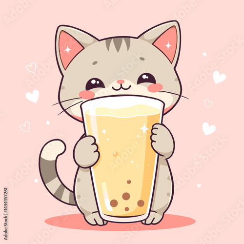 Adorable Gray Cat Enjoying Large Boba Tea Drink