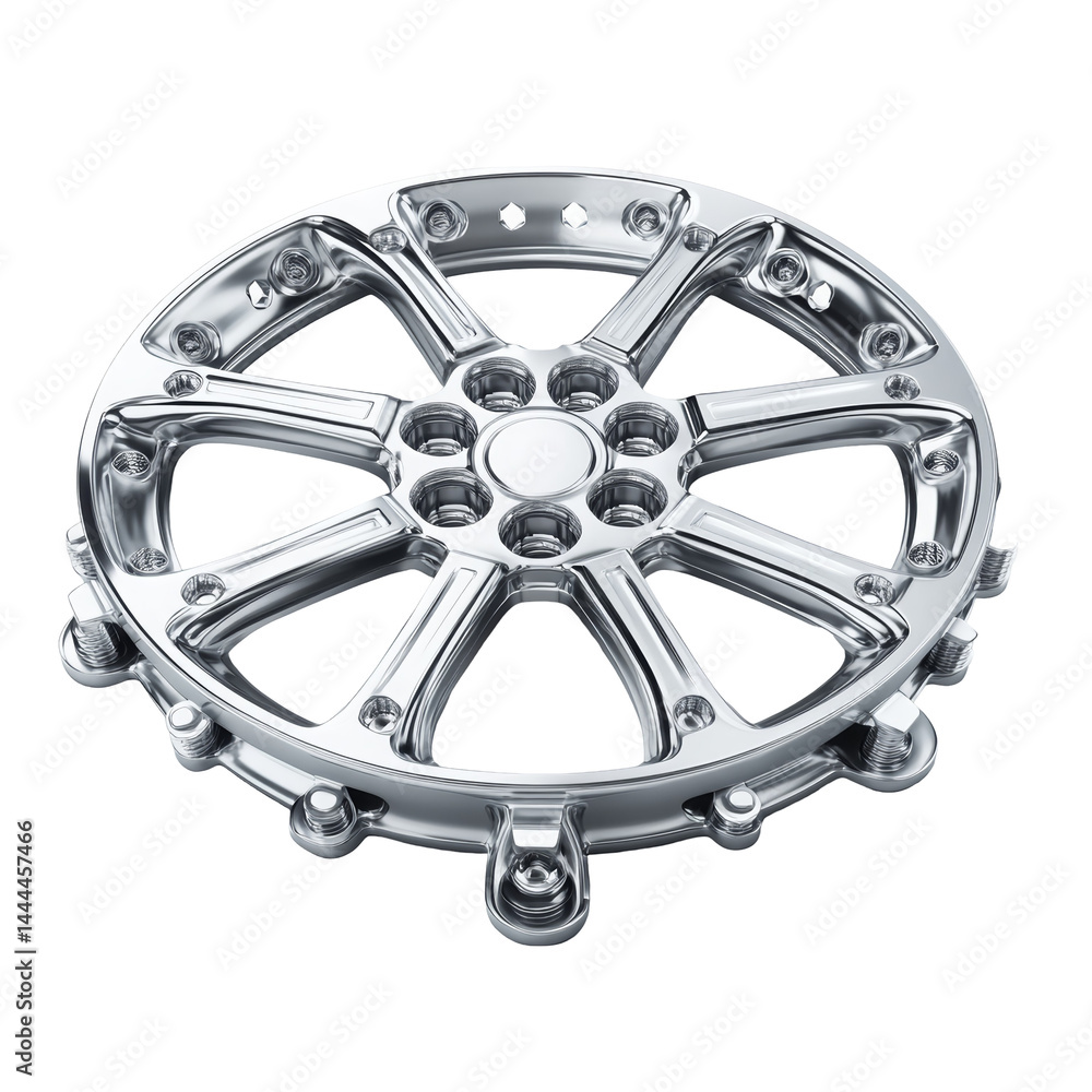 Obraz premium Chrome Wheel Design Automotive, Spoke, Metal, Rim, Luxury, HighEnd, Custom, Bolts, Reflective, Engin