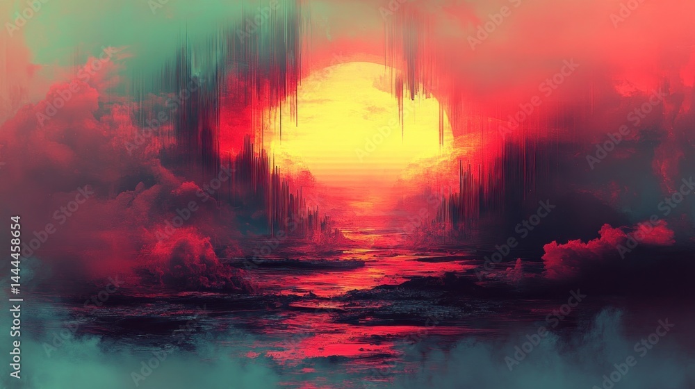 Fototapeta premium Crimson Sunset: A Digital Dreamscape