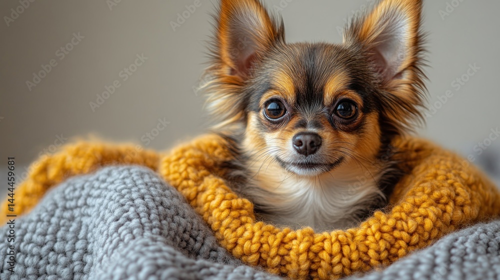 Adorable Chihuahua Puppy Snuggled in a Cozy Knit Blanket