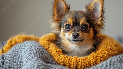 Obraz na płótnie Adorable Chihuahua Puppy Snuggled in a Cozy Knit Blanket w salonie