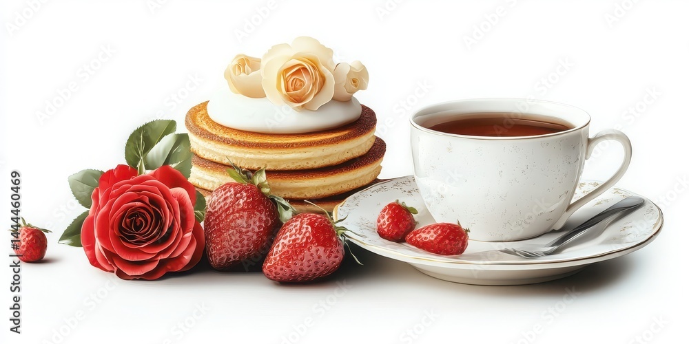 A breakfast and rose plate bundle is isolated on white. A breakfast and rose plate bundle is isolated on white.