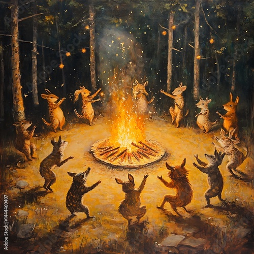 A whimsical gathering of forest animals celebrating around a campfire under twinkling lights