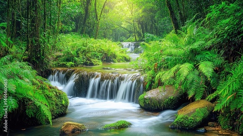 Lush, verdant forest stream cascading over rocks.
