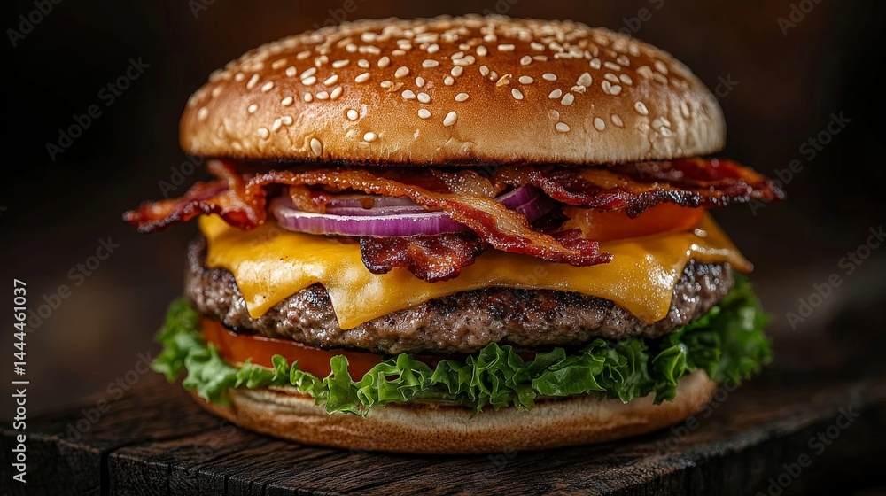 Delicious Burger with Beef, Cheese, Bacon, and Fresh Veggies Delicious Burger with Beef, Cheese, Bacon, and Fresh Veggies