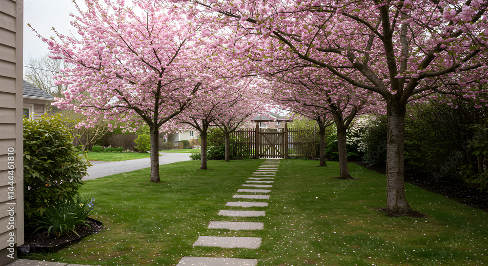 Fototapeta premium Serene Pathway Under Blooming Cherry Blossoms In A Lush Green Garden