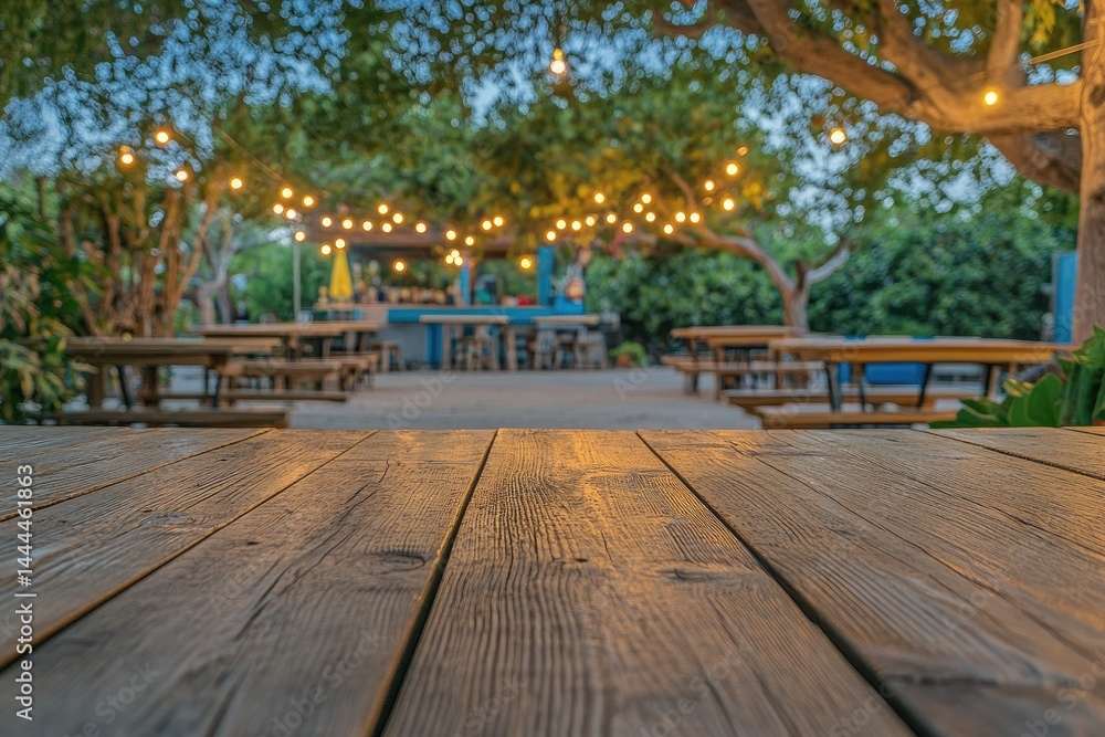Wooden picnic tables under string lights in an outdoor restaurant setting Blurred background of tables, chairs, and a bar area Wooden surface in foreground Wooden picnic tables under string lights in an outdoor restaurant setting Blurred background of tables, chairs, and a bar area Wooden surface in foreground