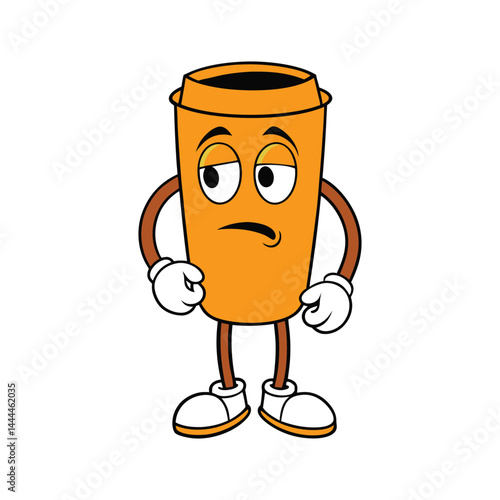 coffee cup mascot with arms sleepy eyes