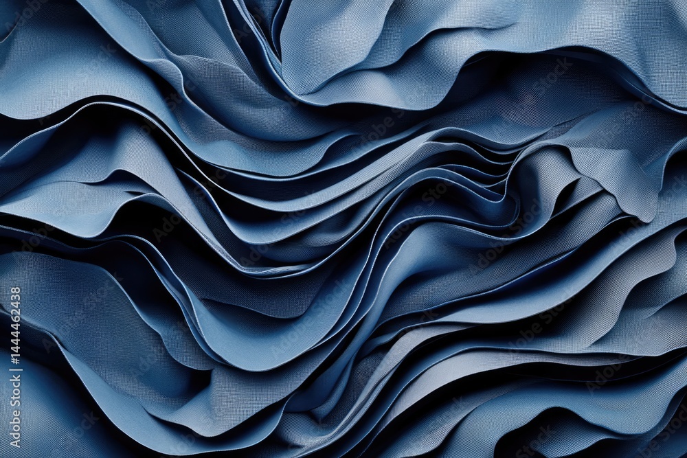 Abstract wavy, textured, deep blue folds Intricate layers of fluid, dynamic curves Abstract wavy, textured, deep blue folds Intricate layers of fluid, dynamic curves