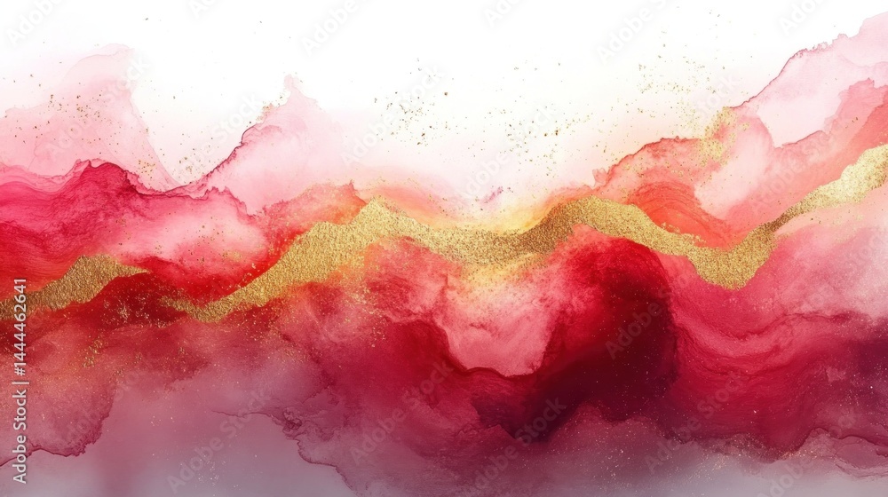 Abstract Red and Gold Ink Landscape: A Serene Watercolor Masterpiece