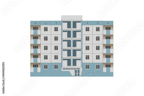 Blue and white panel apartment building with balconies is isolated.