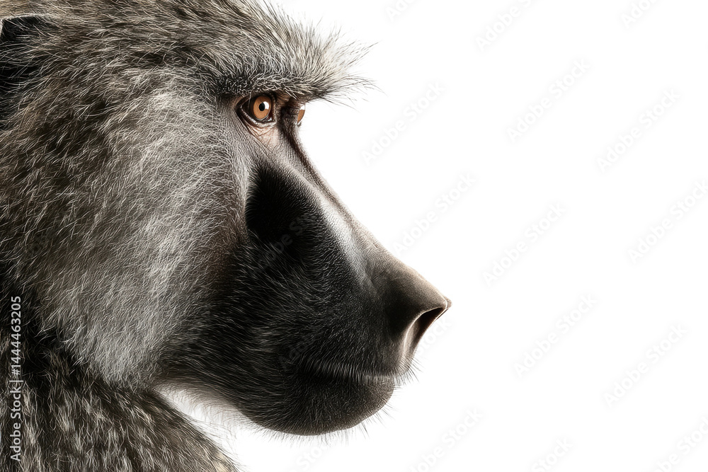 Fototapeta premium Close-up portrait of a watchful baboon with piercing eyes against black background, cut out