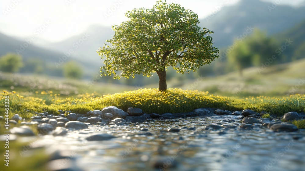 Solitary green tree growing on a rocky surface with soft sunlight and blurred mountain background Solitary green tree growing on a rocky surface with soft sunlight and blurred mountain background