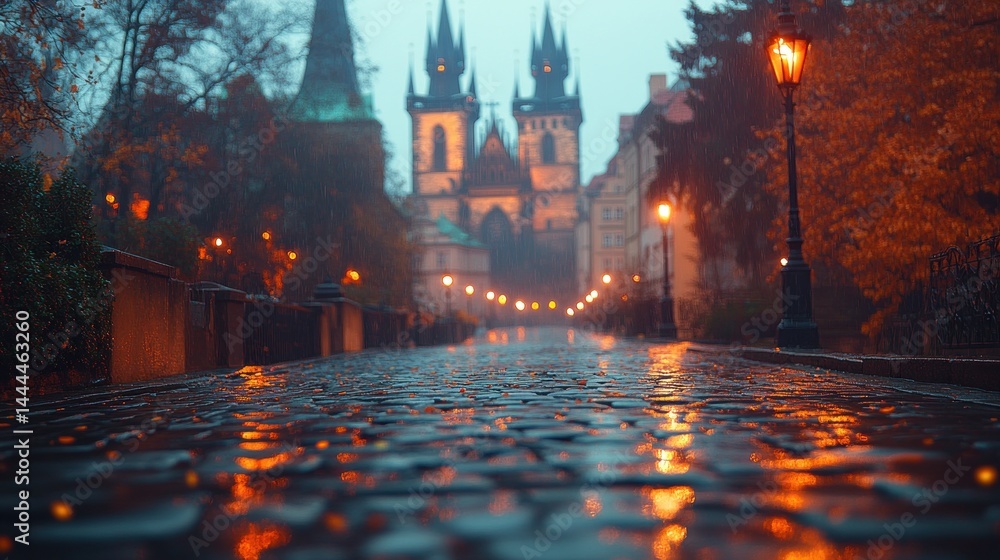 Rainy Prague Evening: Church Tower and Cobblestone Street