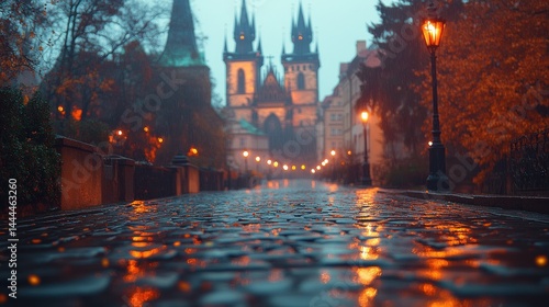 Obraz na płótnie Rainy Prague Evening: Church Tower and Cobblestone Street w salonie