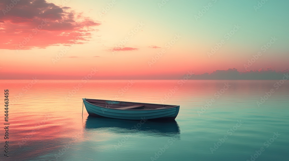 A calm ocean with a lone boat drifting on the water under a pastel-colored sky A calm ocean with a lone boat drifting on the water under a pastel-colored sky